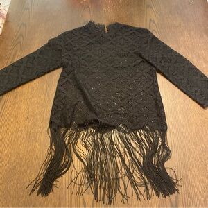 Zara Black Lace Fringe Mock Neck Blouse Size Extra Small